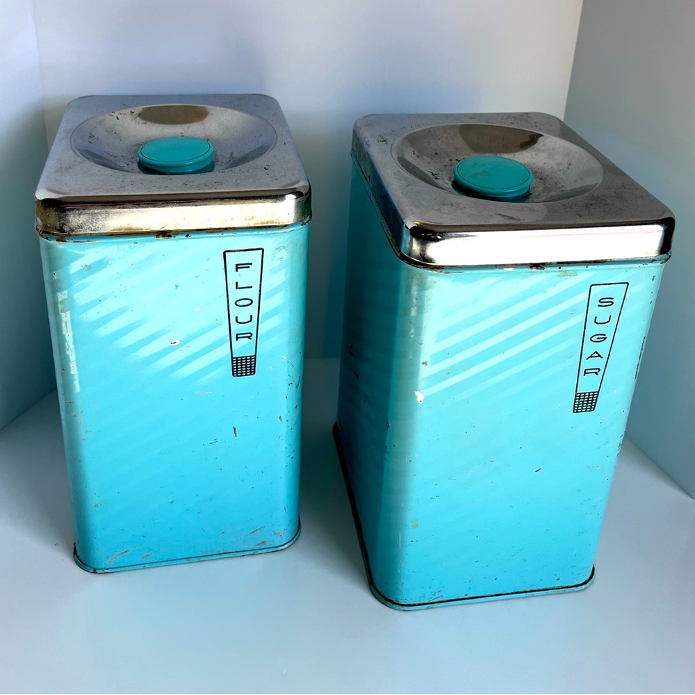 Vintage Turquoise Metal Flour & Sugar Canister Set Lincoln BeautyWare